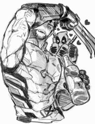 2boys alcohol arm_up bara belt bodysuit bottle claws commentary_request deadpool deadpool_&amp;_wolverine deadpool_(series) dishing facial_hair gloves greyscale heart holding holding_behind_back holding_bottle holding_weapon_behind_back katana korean_commentary looking_at_viewer male_focus marvel marvel_cinematic_universe mature_male monochrome multiple_boys muscular muscular_male open_mouth pectorals short_hair smile superhero_costume sword teeth two-tone_bodysuit weapon wolverine_(x-men) x-men yaoi