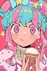 Rule 34 | 1girl, :q, aikatsu! (series), aikatsu stars!, blue hair, blush, bow, commentary, cupcake, double bun, donut hair bun, earrings, food, food on face, hair bow, hair bun, hair ornament, hanazono kirara, hands up, hashtag-only commentary, highres, holding, holding food, jewelry, long hair, looking at viewer, multicolored hair, nail polish, necklace, pink background, pink eyes, pink hair, portrait, semham, sidelocks, simple background, solo, star (symbol), star hair ornament, streaked hair, tongue, tongue out, two-tone hair