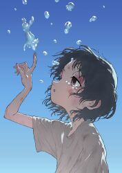 Rule 34 | 1girl, black eyes, black hair, blood, blood on face, blue background, bruise, bruise on face, bruise on hand, bruised eye, crying, crying with eyes open, floating hair, hand up, highres, index finger raised, injury, kuze shizuka, lazy eye, looking up, niboshidrip, shirt, short hair, short sleeves, simple background, smile, solo, t-shirt, takopii no genzai, tears, upper body, white shirt