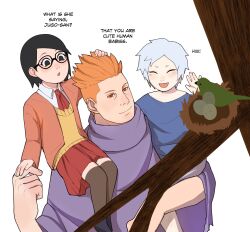 1girl 2boys :o ^_^ aged_down bird black_eyes black_hair blue_hair boruto:_naruto_next_generations branch cape closed_eyes egg english_text holding jacket juugo_(naruto) mitsuki_(naruto) multiple_boys naruto_(series) nest on_shoulder orange_eyes orange_hair pale_skin pink_jacket purple_cape red_skirt short_hair skirt spiked_hair suika_suigetsu sweater_vest thighhighs uchiha_sarada wavy_hair white_background yellow_sweater_vest