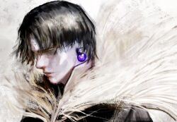 Rule 34 | 1boy, black hair, chrollo lucilfer, coat, cross tattoo, earrings, expressionless, forehead tattoo, from side, fur-trimmed coat, fur-trimmed collar, fur trim, gem, highres, hunter x hunter, jewelry, kyezzzz, male focus, portrait, profile, purple gemstone, short hair, solo, sphere earrings, tattoo
