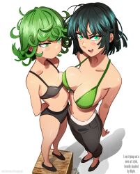 2025 2girls absurdres ahoge arm_behind_back asymmetrical_docking bare_legs bare_shoulders black_bra black_pants black_shoes box bra breast_envy breast_press breasts closed_mouth collarbone commentary english_commentary english_text flats flipped_hair foreshortening fubuki_(one-punch_man) full_body green_eyes height_difference highres medium_breasts multiple_girls navel on_box one-punch_man open_mouth pants shadow shoes short_hair siblings simple_background sisters small_breasts spaghetti_strap standing stepkingo_art straight_hair tatsumaki teeth thighs unaligned_breasts underwear upper_teeth_only white_background white_trim