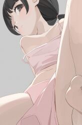 1girl barefoot black_eyes black_hair blush camisole clothes_pull collarbone flat_chest grey_background hiroki_(yyqw7151) long_hair midriff navel original panties pink_camisole pink_panties pink_shorts ponytail shorts shorts_pull sitting strap_slip underwear