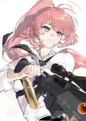 1girl absurdres arknights bolt_action chest_harness closed_mouth commentary_request detached_wings gohanduck gun halo harness high_ponytail highres holding holding_gun holding_weapon lemuen_(arknights) long_hair long_sleeves looking_ahead pink_eyes pink_hair ponytail reloading rifle shell_casing shirt simple_background smile sniper_rifle solo weapon white_background white_shirt wings yellow_halo yellow_wings