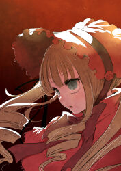 1girl absurdres aqua_eyes black_ribbon blonde_hair bonnet bow bowtie capelet drill_hair flower hair_ribbon highres long_hair matomero open_mouth purple_bow purple_bowtie red_capelet red_flower red_headwear red_rose ribbon rose rozen_maiden shinku solo upper_body