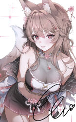 1girl animal_ears armpit_crease bare_shoulders black_skirt breasts brown_hair cleavage closed_mouth collar commission cowboy_shot crop_top ella_7737 fox_ears fox_tail garter_straps gradient_clothes gradient_skirt hair_ornament hairpin highres jacket large_breasts leaning_forward long_hair looking_at_viewer midriff miniskirt mole mole_under_eye navel off_shoulder original pleated_skirt red_eyes see-through_cleavage see-through_clothes shirt single_garter_strap skirt sleeveless sleeveless_shirt smile solo tail two-tone_shirt very_long_hair white_jacket white_shirt