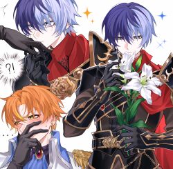 Rule 34 | 2boys, absurdres, aoyagi touya, armor, black coat, black gloves, black sleeves, blonde hair, blue eyes, blue hair, blush, closed mouth, coat, covering own mouth, earrings, flower, gloves, green eyes, hair between eyes, hand over own mouth, highres, holding, holding flower, jacket, jewelry, koushuiba, long sleeves, mole, mole under eye, multicolored hair, multiple boys, orange hair, project sekai, shinonome akito, shoulder armor, streaked hair, two-tone hair, white jacket, yaoi
