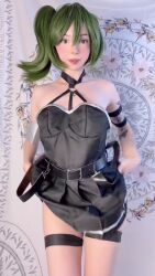 1girl animated arm_tattoo ass belt black_belt black_dress breasts brown_eyes clothes_lift cosplay cowboy_shot dress dress_lift female_focus flashing grabbing_own_breast green_hair hair_between_eyes highres huge_filesize jewelry jiggle looking_at_viewer miamiaxof narrow_waist necklace nipples panties petite photo_(medium) side_ponytail sidelocks small_breasts solo sousou_no_frieren spanking_self standing tagme tattoo thigh_strap thong ubel_(sousou_no_frieren) ubel_(sousou_no_frieren)_(cosplay) underwear video white_panties wide_hips