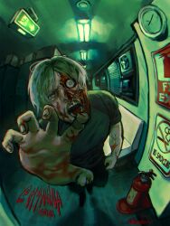 Rule 34 | 1boy, blonde hair, fire extinguisher, grey eyes, leon s. kennedy, pants, resident evil, resident evil 2, shirt, short sleeves, sign, solo, wounds, zombie