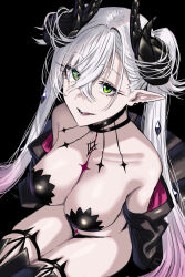 1girl bare_shoulders black_cloak black_panties black_thighhighs body_markings bouhatei_(t-back) breasts choker cleavage cloak collarbone crossed_bangs demon_girl demon_horns ear_piercing fate/grand_order fate_(series) green_eyes grey_hair hair_between_eyes highres horns large_breasts lilith_(fate) lilith_(second_ascension)_(fate) long_hair looking_at_viewer off_shoulder open_mouth panties piercing pointy_ears smile solo thighhighs thighs twintails underwear very_long_hair