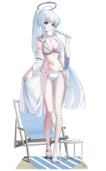 1girl absurdres alternate_costume bikini blue_archive breasts full_body halo highres long_hair marks_(dmhunsu10) mechanical_halo noa_(blue_archive) purple_eyes solo swimsuit white_background white_bikini white_hair white_halo