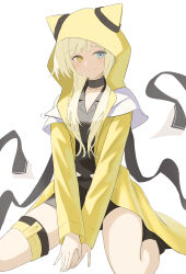 1girl 8ka43 absurdres arknights between_legs black_choker black_shirt blonde_hair blue_eyes choker closed_mouth collarbone commentary_request fingernails hand_between_legs heterochromia highres hood hood_up long_hair long_sleeves looking_at_viewer nightmare_(arknights) own_hands_together partial_commentary raincoat shirt simple_background sitting solo wariza white_background yellow_eyes yellow_raincoat