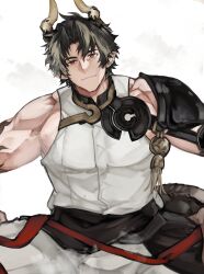 Rule 34 | 1boy, absurdres, arknights, biceps, chongyue (arknights), closed mouth, dragon boy, dragon horns, dragon tail, highres, horns, looking at viewer, male focus, multicolored hair, muscular, muscular male, pants, pointy ears, red eyes, shirt, sitting, sleeveless, sleeveless shirt, smile, sweat, tail, tutu82904404, white background, white pants, white shirt