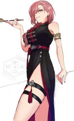 1girl absurdres armlet belt black_dress blue_eyes blush braid braided_ponytail breasts commentary dress earrings feet_out_of_frame hair_over_one_eye hair_over_shoulder highres holding holding_smoking_pipe hololive jewelry karakr_shin large_breasts long_hair looking_at_viewer nail_polish official_alternate_costume parted_lips pink_hair red_belt red_nails side_slit simple_background sleeveless sleeveless_dress smoking_pipe solo standing takane_lui takane_lui_(5th_costume) tassel tassel_earrings thigh_strap two-sided_fabric two-sided_skirt underbust virtual_youtuber watermark white_background