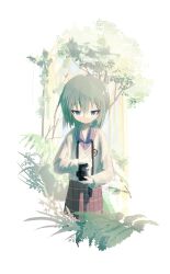 1girl absurdres ap04astral blue_eyes camera dress_shirt fern flower green_hair highres holding holding_camera iwasaki_minami lucky_star pink_flower plant pleated_skirt purple_shirt shirt short_hair sketch_background skirt smile sunlight sweater tree