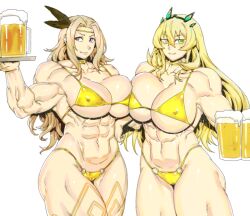 2girls abs amazon_(dragon&#039;s_crown) barghest_(fate) beer_mug bikini blonde_hair breasts collar covered_erect_nipples crossover cup dragon&#039;s_crown fate/grand_order fate_(series) feather_hair_ornament feathers foam gold_bikini green_eyes hair_ornament heterochromia holding holding_cup horns huge_breasts long_hair minew mug multiple_girls muscular muscular_female orange_eyes plate purple_eyes swimsuit thick_thighs thighs
