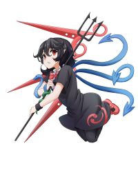 1girl asymmetrical_wings black_dress black_hair black_pantyhose blue_wings blush bow bowtie commentary dress female_focus hair_between_eyes highres holding holding_weapon houjuu_nue looking_at_viewer mary_janes pantyhose parted_lips pointy_ears polearm red_bow red_bowtie red_eyes red_shoes red_wings shoes short_dress short_hair short_sleeves simple_background snake solo tarumaru touhou trident weapon white_background wings wristband