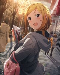 bag brown_hair building card_(medium) earrings handbag heart hood hoodie idolmaster idolmaster_million_live! idolmaster_million_live!_theater_days iron_man jewelry momose_rio official_art pink_eyes tree