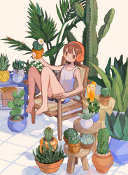 1girl armchair barefoot brown_hair cactus chair cup drinking_glass drinking_straw headphones highres holding holding_plant juice knees_up on_chair orange_juice original plant potted_plant s1ho_(ukiy0u0) shirt short_shorts shorts sitting sleeveless sleeveless_shirt solo table white_shirt wide_shot