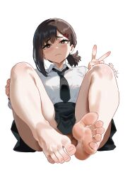 1girl absurdres barefoot black_hair blush brown_eyes chainsaw_man feet higashiyama_kobeni highres long_hair looking_at_viewer mole mole_under_eye mole_under_mouth payetvore soles toes v
