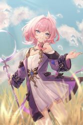 Rule 34 | 1girl, bare shoulders, blue eyes, blue sky, breasts, cloud, coat, commentary, cyrene (honkai: star rail), day, dress, hair ornament, highres, honkai: star rail, honkai (series), looking at viewer, medium hair, multicolored hair, outdoors, pink hair, pink pupils, purple coat, sky, small breasts, smile, solo, suwa (swk kkk), symbol-only commentary, thighs, two-tone hair, white dress, white hair