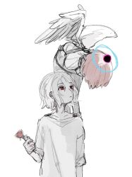 1boy 1girl amate_yuzuriha angel angel_wings bodysuit breasts feathered_wings flower gundam gundam_gquuuuuux halo holding long_sleeves mecha_pilot_suit monochrome normal_suit_(gundam) open_mouth red_eyes red_flower red_hair red_rose rose science_fiction shirt short_hair shuji_ito simple_background spot_color tank_top wadakushiii white_background white_wings wings