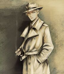 Rule 34 | 1boy, blonde hair, brown background, brown coat, brown hat, cigarette, closed mouth, coat, collared shirt, commentary, cowboy shot, english commentary, hand in pocket, hat, henoopd, highres, holding, holding cigarette, lips, looking at viewer, male focus, necktie, photo-referenced, red necktie, shirt, short hair, solo, spy x family, twilight (spy x family), white shirt, yellow eyes