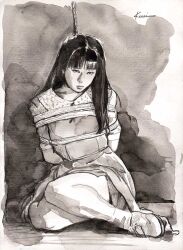 Rule 34 | 1girl, arms behind back, bdsm, bound, bound arms, breasts, dress, kanai kiyoaki, long hair, monochrome, restrained, shibari, shibari over clothes, small breasts, traditional media