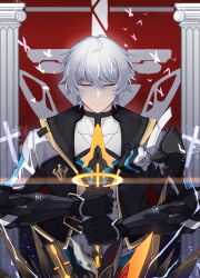 1boy absurdres armor black_jacket bug butterfly chinese_commentary cleavage_cutout closed_eyes closed_mouth clothing_cutout commentary_request cropped_jacket gauntlets glowing glowing_sword glowing_weapon hair_between_eyes highres holding holding_sword holding_weapon honkai_(series) honkai_impact_3rd insect jacket jewelry kevin_kaslana male_focus necklace open_clothes open_jacket pillar pink_butterfly planted planted_sword planted_weapon shirt short_hair shoulder_armor solo standing straight-on sword upper_body weapon white_hair white_shirt wu_hai_(artist)