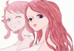 2girls anti-eyebrow_piercing closed_mouth commentary_request eyelashes face_piercing freckles ginny_(one_piece) highres jewelry_bonney kiakawatsuji long_hair looking_at_viewer mother_and_daughter multiple_girls one_eye_closed one_piece piercing pink_hair purple_eyes short_hair simple_background smile twitter_username upper_body white_background