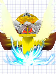 armor digimon digimon_(creature) digimon_xros_wars full_armor knight knightmon knightmon_wise_sword_mode looking_at_viewer scarf solo wings