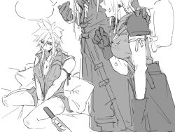 1boy 1girl angry arm_ribbon armor blank_speech_bubble breasts cleavage closed_mouth cloud_strife covered_erect_nipples earrings final_fantasy final_fantasy_vii final_fantasy_vii_advent_children genderswap genderswap_(mtf) gloves hand_on_another&#039;s_shoulder highres implied_pregnancy jewelry long_hair multiple_views nervous nervous_sweating no_pants on_bed open_mouth pauldrons pillow pregnancy_test ribbon sephiroth shoulder_armor single_earring single_pauldron sitting speech_bubble standing sweat waist_cape yaki00406