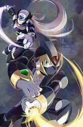 Rule 34 | 2boys, absurdres, armor, black armor, black helmet, black zero (mega man), chest jewel, covered mouth, dwn0001130, energy sword, forehead jewel, grey hair, helmet, highres, holding, holding sword, holding weapon, long hair, male focus, mask, mega man (series), mega man x (series), mouth mask, multiple boys, ninja, shadow armor x (mega man), sword, weapon, x (mega man), z saber, zero (mega man)