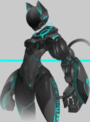 1girl animal_ears black_skin breasts cat_ears cat_girl cat_tail colored_skin cowboy_shot echanis_enicha faceless faceless_female female_focus floating_head grey_background highres navel no_humans no_neck original robot robot_girl shiny_clothes shiny_skin small_breasts solo standing tail thick_thighs thighs