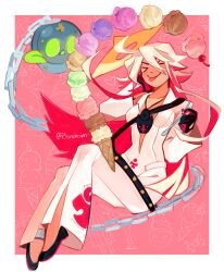 &gt;_&lt; absurdres ahoge ankh_necklace ball_and_chain_restraint bell-bottoms bodysuit borcheim center_opening dorpos food guilty_gear guilty_gear_xrd halo hand_on_own_face highres holding holding_spoon ice_cream ice_cream_cone jack-o&#039;_valentine long_hair multiple_scoops pants red_hair spiked_halo spoon tongue tongue_out too_many too_many_scoops white_bodysuit white_hair