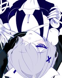 Rule 34 | 1girl, absurdres, arknights, bare shoulders, black dress, blue eyes, blush, breasts, dress, elbow gloves, eyepatch, gloves, hair intakes, hair ornament, hair over one eye, heterochromia, highres, large breasts, looking at viewer, medical eyepatch, official alternate costume, parted lips, purple hair, sleeveless, sleeveless dress, solo, two-tone dress, unworn eyepatch, whisperain (arknights), white gloves, x hair ornament, xen0moonz