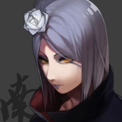 Rule 34 | 1girl, akatsuki uniform, face piercing, grey background, konan (naruto), littleb, looking at viewer, lowres, makeup, naruto (series), naruto shippuuden, ninja, orange eyes, piercing, purple hair, purple lips, short hair, simple background, solo, upper body