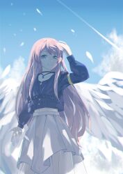 1girl absurdres angel_wings bang_dream! bang_dream!_it&#039;s_mygo!!!!! chihaya_anon dress grey_eyes highres long_hair long_sleeves mygo!!!!!_(bang_dream!) open_mouth pink_hair sky wings zs