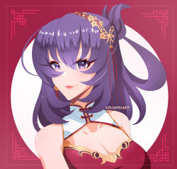 1girl ao_no_kiseki artist_name azumishard bare_shoulders blue_hair breasts china_dress chinese_clothes cleavage cleavage_cutout clothing_cutout commentary dress eiyuu_densetsu english_commentary hair_between_eyes hair_rings highres large_breasts looking_at_viewer pointy_chin portrait purple_eyes rixia_mao sideburns sleeveless smile solo zero_no_kiseki