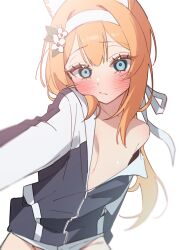 1girl absurdres agnamore animal_ear_fluff animal_ears black_jacket blue_archive blue_eyes blush cat_ears closed_mouth flower hair_flower hair_ornament hairband highres jacket long_hair looking_at_viewer mari_(blue_archive) mari_(track)_(blue_archive) multicolored_jacket orange_hair partially_unzipped simple_background single_off_shoulder solo track_jacket two-tone_jacket white_background white_flower white_hairband white_jacket