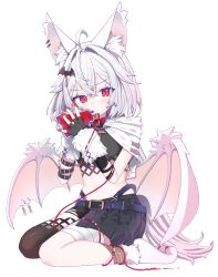 1girl absurdres ahoge akatsuki_niina animal_ear_fluff bandaged_leg bandages bat_hair_ornament bat_wings belt black_gloves black_skirt black_thighhighs blood blood_bag blue_belt blush drinking_blood fingerless_gloves gloves hair_ornament hands_up highres long_hair looking_at_viewer morumoru_x nail_polish navel project_horizon red_eyes red_nails second-party_source simple_background single_thighhigh sitting skirt solo thighhighs wariza white_background white_hair wings
