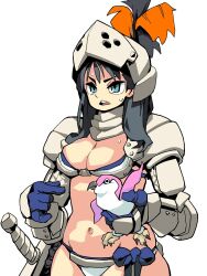 animal armor bikini bird black_hair blue_eyes breasts cleavage colored_skin gloves helmet highres long_hair penguin pink_skin sablo sweat swimsuit sword weapon