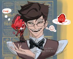 1boy alastor_(hazbin_hotel) alastor_(human)_(hazbin_hotel) demon_boy escape932 glasses green_eyes hazbin_hotel highres looking_to_the_side male_focus plate red_eyes red_hair