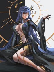 1girl absurdres arcana_(reverse:1999) black_background black_dress blue_hair breasts breasts_apart colored_tears dress feet_out_of_frame hand_up highres large_breasts long_dress long_hair long_sleeves looking_at_viewer navel no_bra notgustiarp official_alternate_costume plunging_neckline reverse:1999 shoes side_slit single_tear sitting smile solo two-tone_background very_long_hair wand_in_head white_background wide_sleeves yellow_eyes yellow_shoes yokozuwari