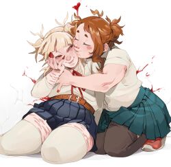 Rule 34 | 2girls, bags under eyes, black skirt, blood, blunt bangs, blush, boku no hero academia, brown hair, closed eyes, diced rice, double bun, green skirt, hair bun, hand on own face, heart, highres, kiss, kissing cheek, messy hair, multiple girls, narrowed eyes, plump, school uniform, self-harm scar, skirt, toga himiko, u.a. school uniform, uraraka ochako, white background, yuri