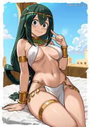 Rule 34 | 1girl, ancient egyptian clothes, armlet, asui tsuyu, bare shoulders, blush, boku no hero academia, bracelet, breasts, cloud, day, green eyes, green hair, groin, hair between eyes, hand up, highres, jewelry, long hair, navel, outdoors, pelvic curtain, redjet, shiny skin, sitting, smile, solo