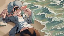1girl beach casual day earrings eyelashes gradient_hair grey_hair hands_up highres inkling jewelry laz_gm leggings looking_at_viewer loose_clothes lying marie_(splatoon) multicolored_hair navel nintendo ocean on_back outdoors pointy_ears sand shirt shore splatoon_(series) splatoon_1 star-shaped_pupils star_(symbol) star_symbol suction_cups sweater swept_bangs symbol-shaped_pupils tentacle_hair thick_eyebrows twintails two-tone_hair water waves white_shirt