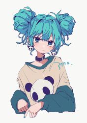 1girl 39 3774. animal_print baggy_clothes bear_print belt_collar blue_eyes blue_hair blue_nails collar double_bun hair_bun hair_ornament hatsune_miku highres light_blue_hair long_hair messy_hair panda_hair_ornament panda_print sweater very_long_hair vocaloid white_background