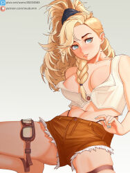 Rule 34 | 1girl, absurdres, blonde hair, blue eyes, blue nails, braid, breasts, brown shorts, capcom, cleavage, crop top, cutoffs, female focus, freckles, gemma (monster hunter wilds), goggles, grey background, high ponytail, highres, long hair, looking at viewer, medium breasts, monster hunter (series), monster hunter wilds, navel, parted lips, patreon username, pixiv id, ponytail, short shorts, shorts, simple background, sitting, smile, solo, squatting, strap pull, teasing, teeth, thigh strap, thong, unworn eyewear, watermark, web address, wudumm