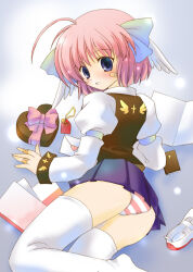 1girl 2000s_(style) ahoge ass bandaid bandaid_on_cheek bandaid_on_face blue_bow blue_eyes blush bow box brown_vest commentary_request feathered_wings feet_out_of_frame fujisawa_eil hair_bow head_wings heart-shaped_box hongbao juliet_sleeves letter long_sleeves looking_at_viewer love_letter open_mouth original panties paper pink_hair pink_panties puffy_sleeves shirt short_hair solo striped_clothes striped_panties thighhighs underwear vest white_panties white_shirt white_thighhighs white_wings wings